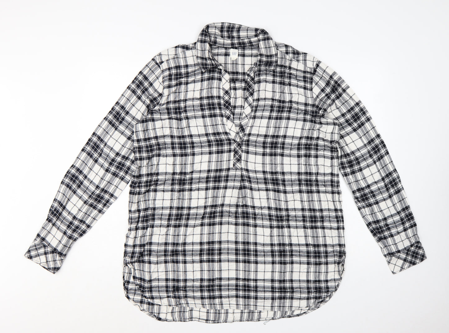 GAP Womens Black Plaid Long Sleeve Rayon Button-Up Shirt Size L