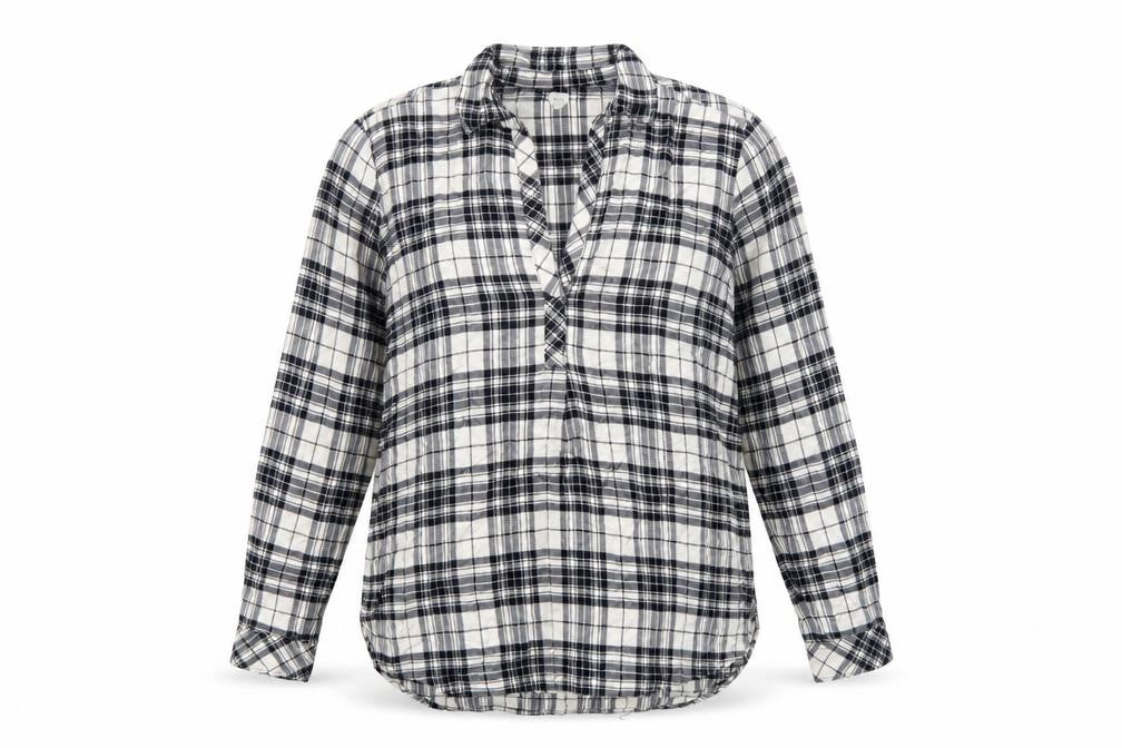 Front view of Gap women’s black plaid long sleeve rayon button-up shirt, size L