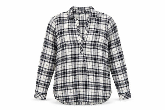 Front view of Gap women’s black plaid long sleeve rayon button-up shirt, size L