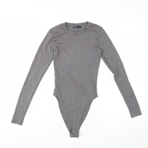 ZARA Women Grey Long Sleeve Bodysuit Size S Cotton Blend Stretch