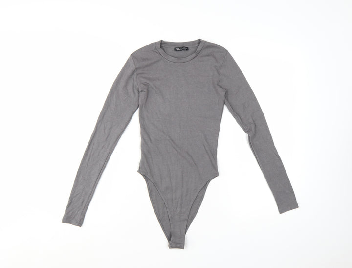 ZARA Women Grey Long Sleeve Bodysuit Size S Cotton Blend Stretch