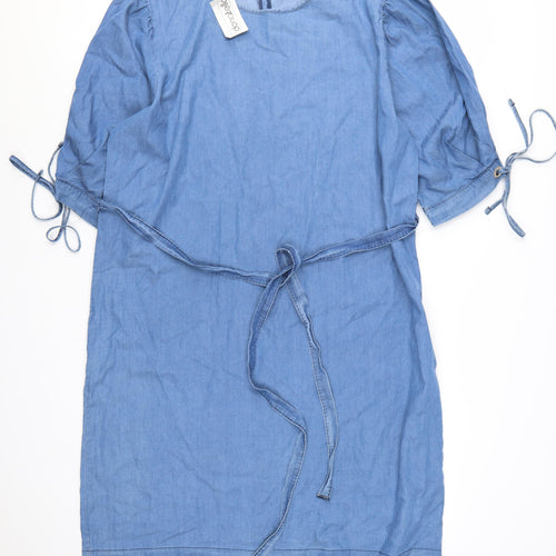 Donatella Women's Blue Knee Length Shift Dress Size 18 Belted Denim Style