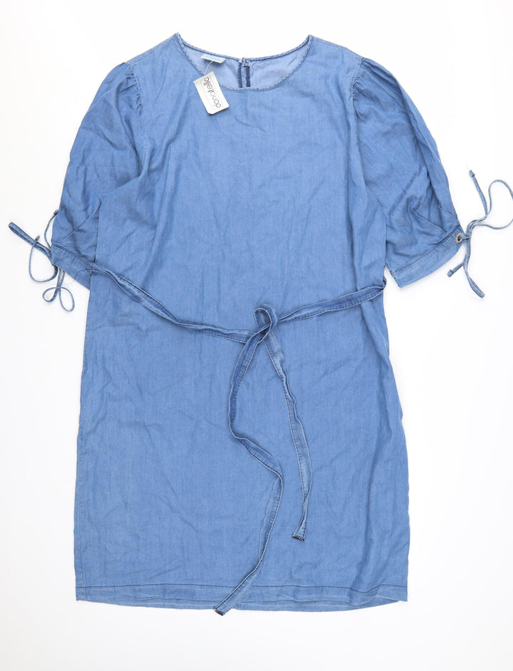 Donatella Women's Blue Knee Length Shift Dress Size 18 Belted Denim Style