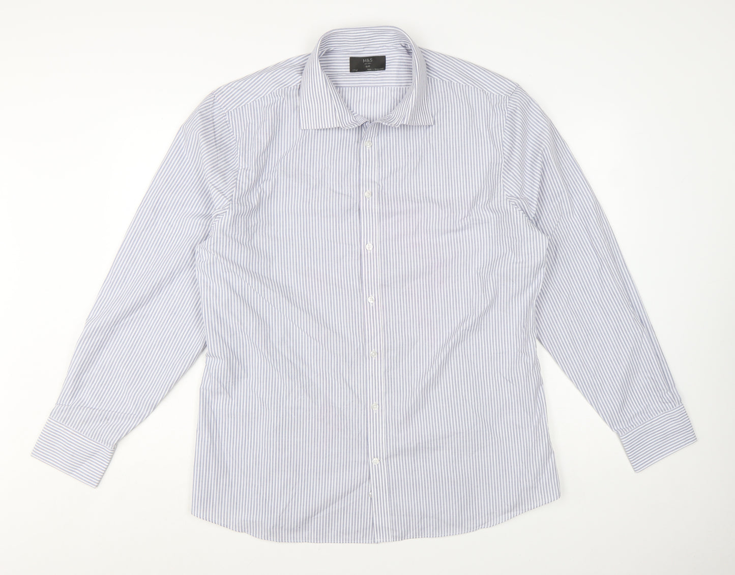 Marks and Spencer Men’s Blue Striped Slim Fit 17.5in Dress Shirt