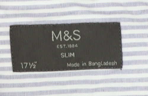 Marks and Spencer Men’s Blue Striped Slim Fit 17.5in Dress Shirt