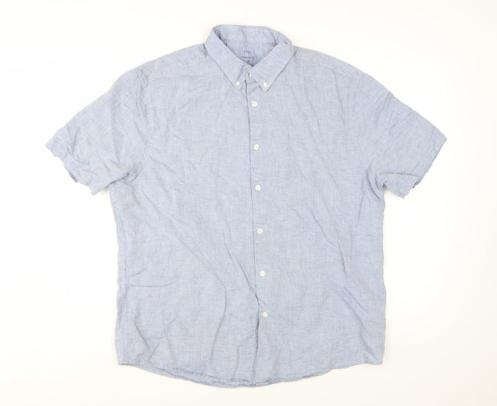 Marks and Spencer Men's Blue Linen Blend Short Sleeve Shirt XL Regular Fit