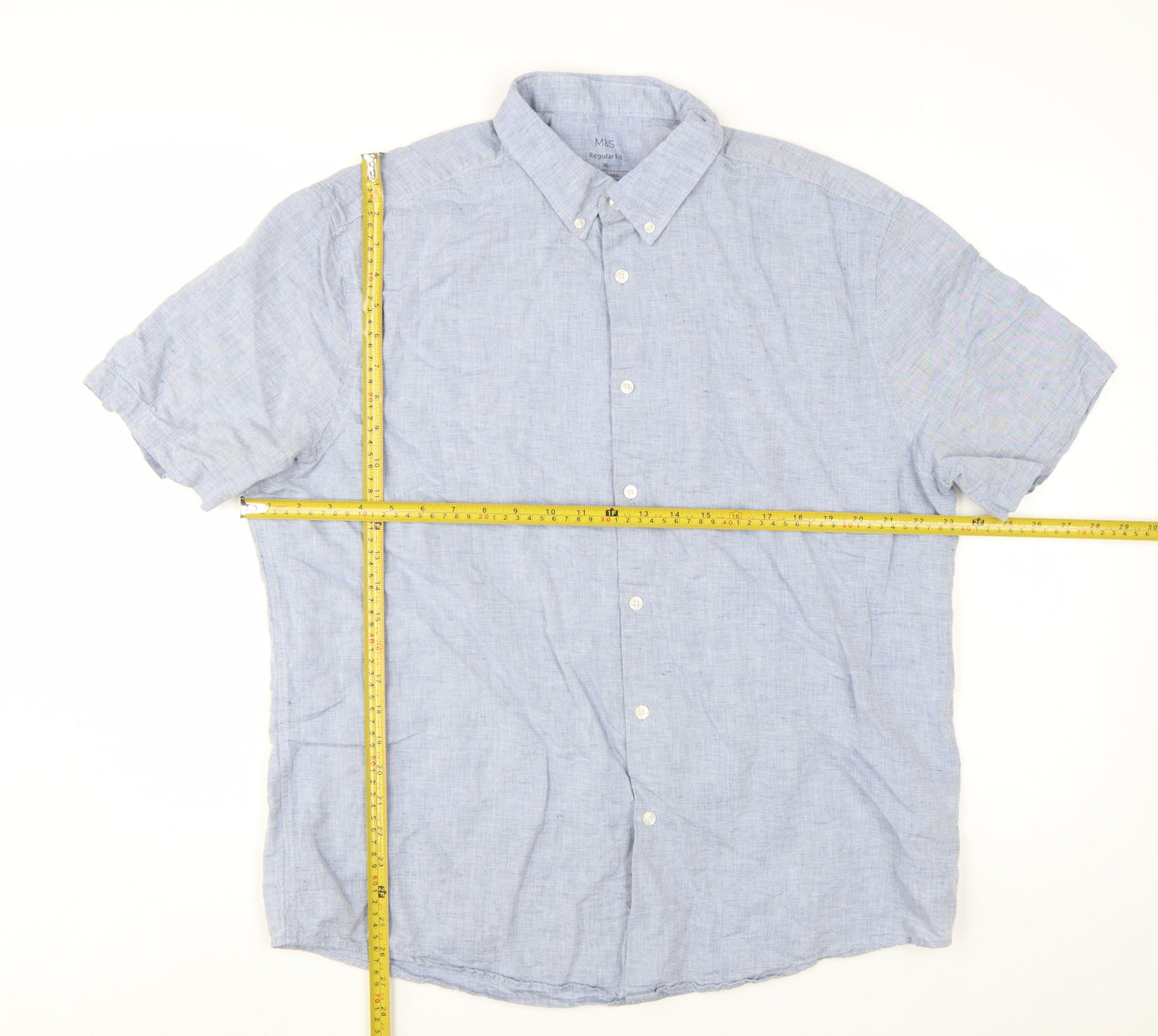 Marks and Spencer Men's Blue Linen Blend Short Sleeve Shirt XL Regular Fit