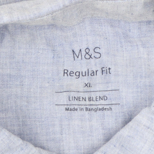 Marks and Spencer Men's Blue Linen Blend Short Sleeve Shirt XL Regular Fit