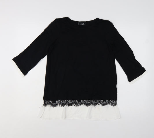 Wallis Women’s Black Lace Hem Tunic Blouse UK 8 Viscose Mix 3/4 Sleeve
