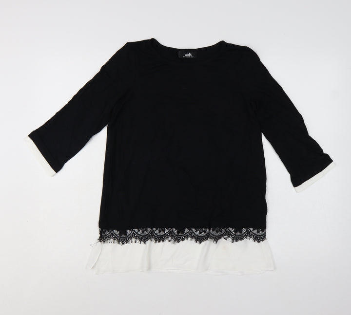 Wallis Women’s Black Lace Hem Tunic Blouse UK 8 Viscose Mix 3/4 Sleeve
