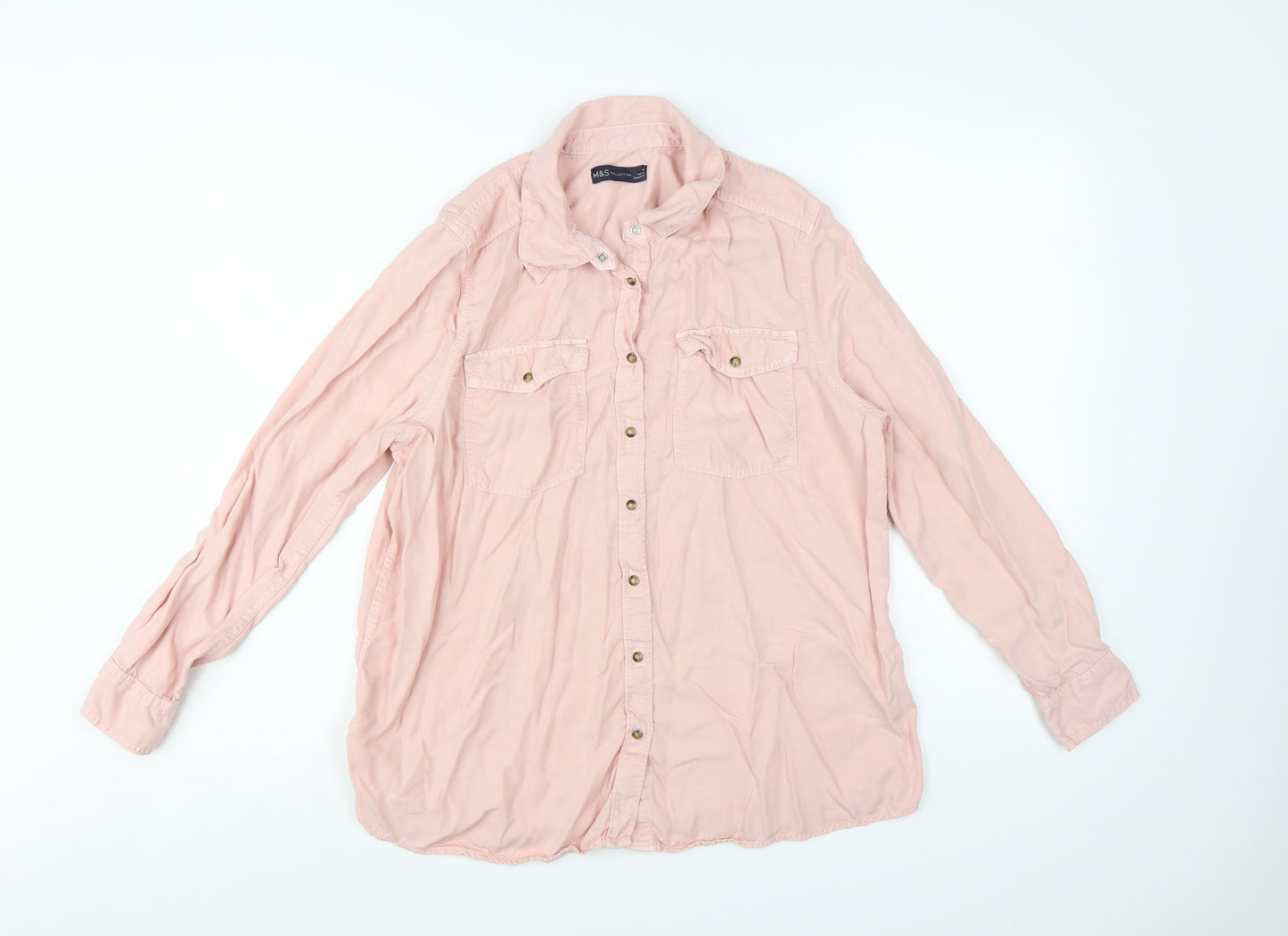 Marks and Spencer Women Pink Lyocell Button-Up Long Sleeve Shirt Size 14