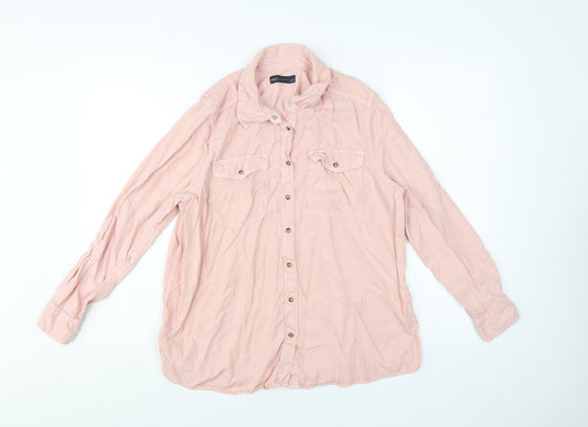 Marks and Spencer Women Pink Lyocell Button-Up Long Sleeve Shirt Size 14