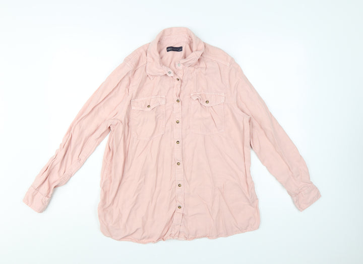 Marks and Spencer Women Pink Lyocell Button-Up Long Sleeve Shirt Size 14