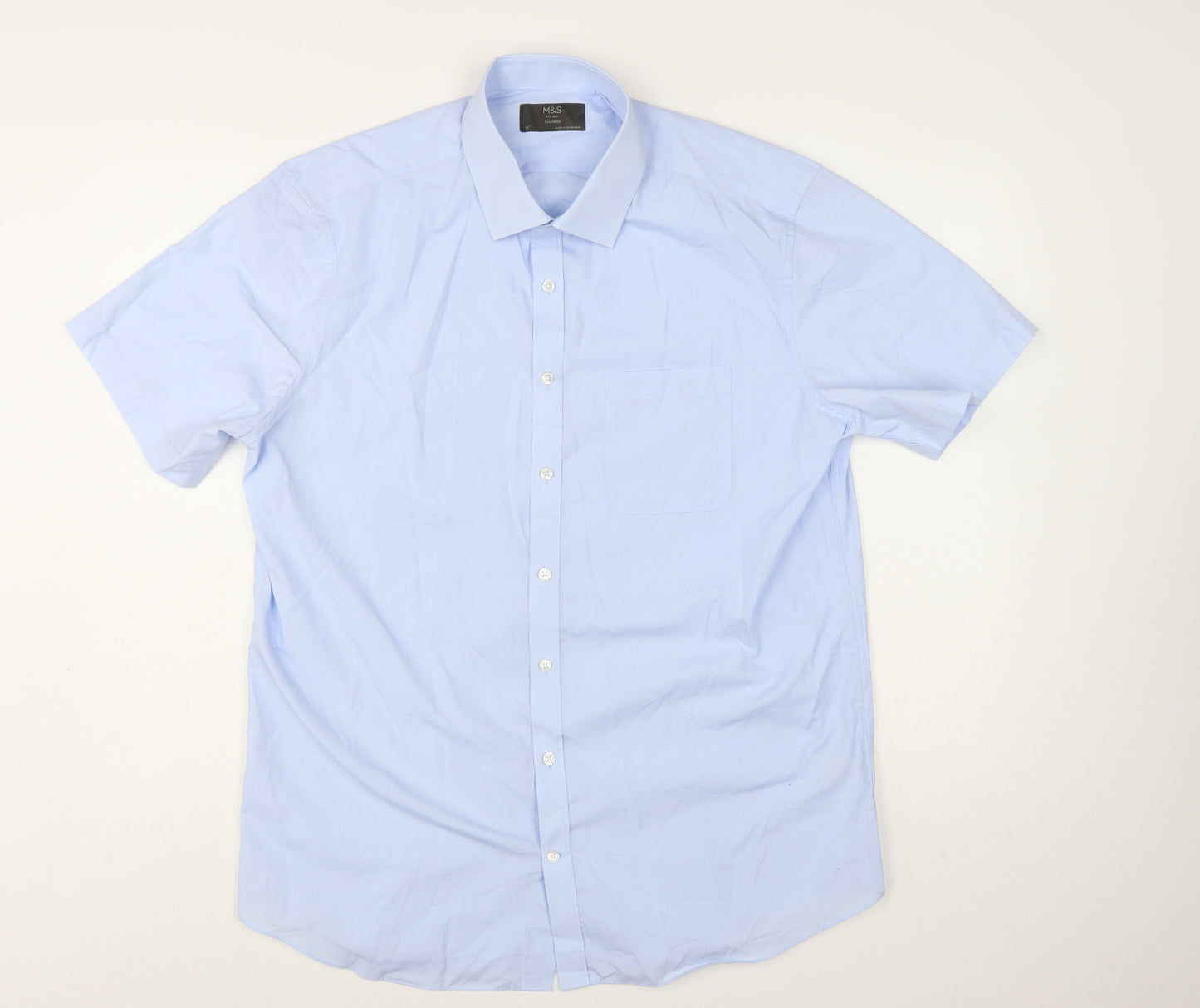Marks and Spencer Men's Blue Tailored Short Sleeve Dress Shirt 17in Collared