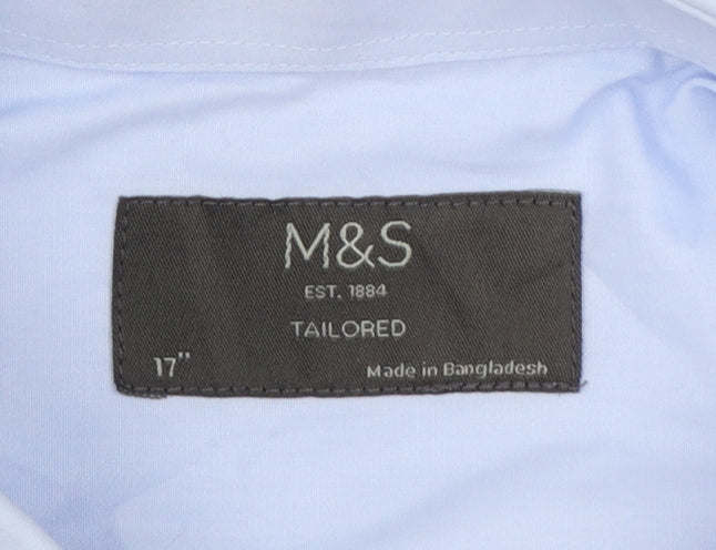 Marks and Spencer Men's Blue Tailored Short Sleeve Dress Shirt 17in Collared