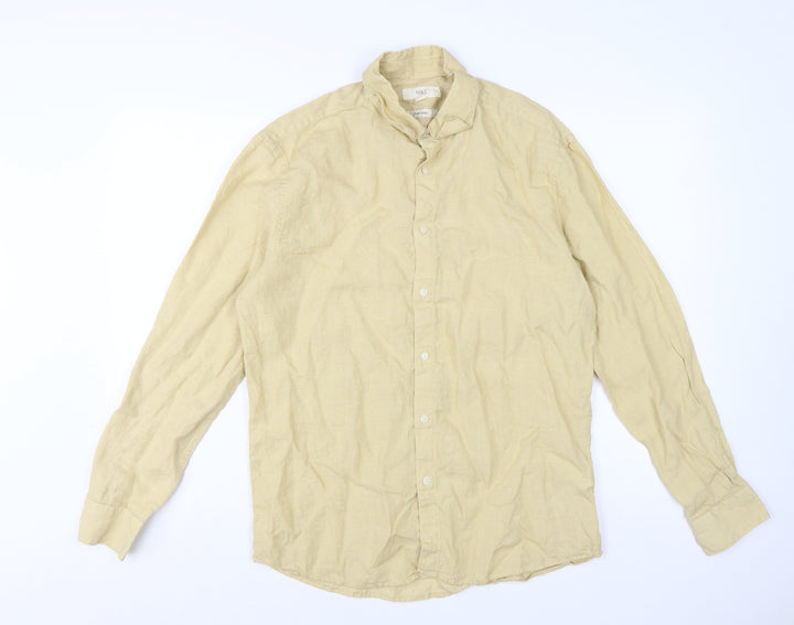 Marks and Spencer Men's Beige Linen Long Sleeve Regular Fit Shirt L