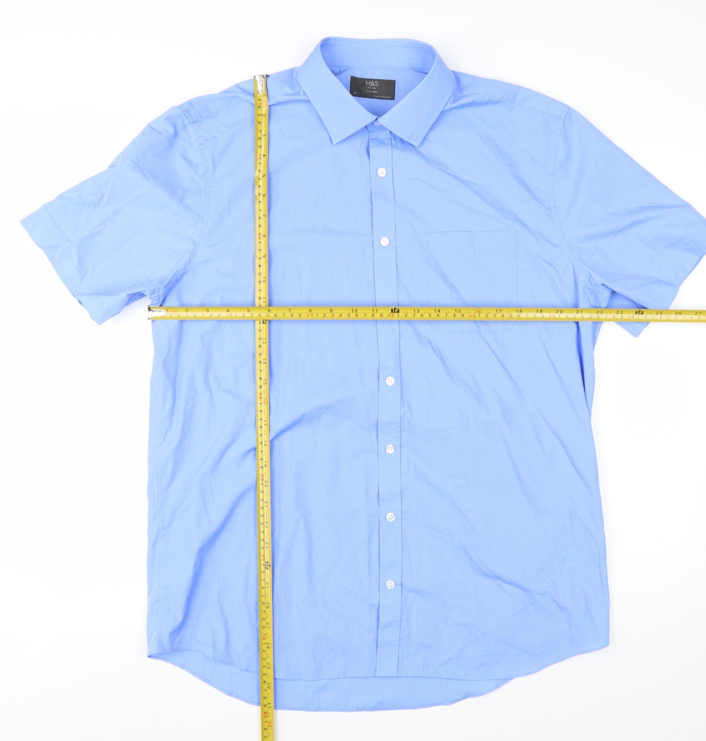 Marks and Spencer Men's Blue Tailored Short Sleeve Dress Shirt 17in