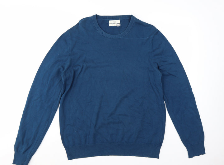 Marks and Spencer Men's Blue Cotton Crew Neck Jumper L