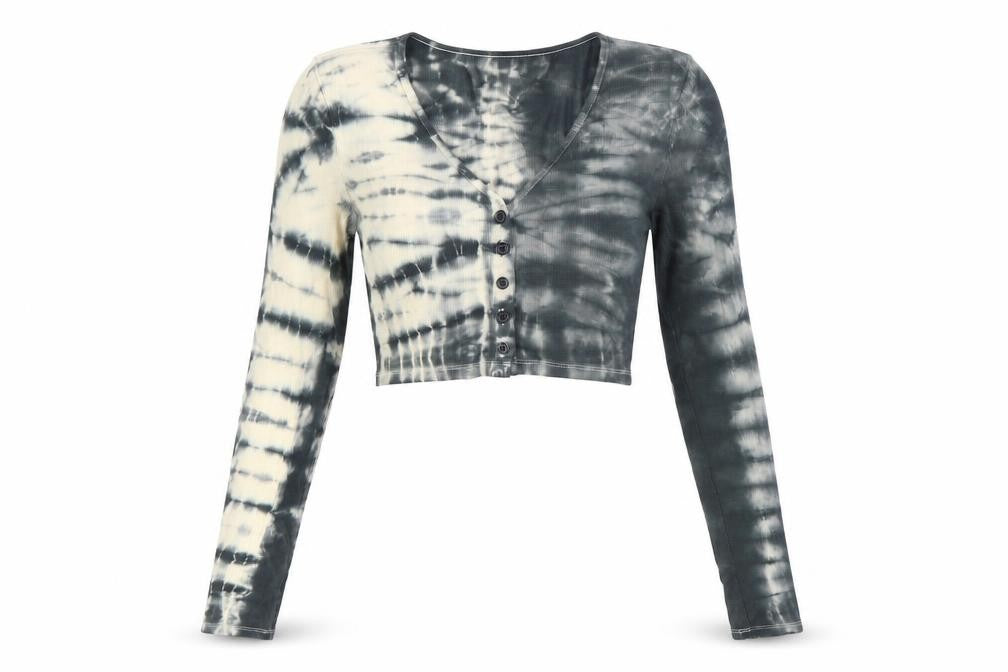 Front view of Weekday women’s multicoloured tie-dye cropped button-up top, size S
