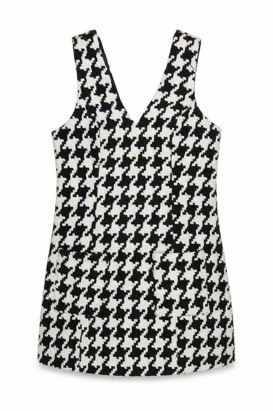 Front view of In The Style Women Black Houndstooth Pinafore Dress, size 8