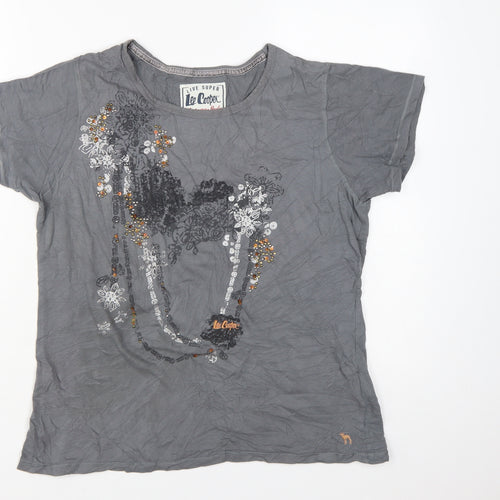 Lee Cooper Women Grey Beaded Cotton T-Shirt Size 16