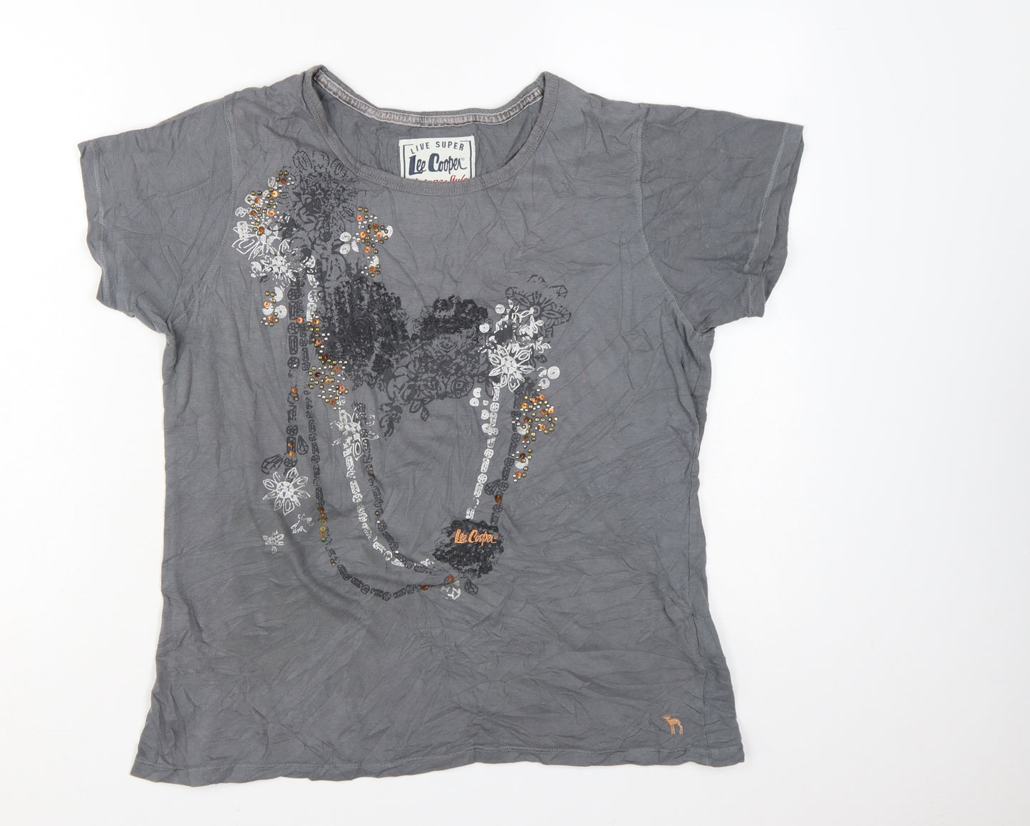 Lee Cooper Women Grey Beaded Cotton T-Shirt Size 16