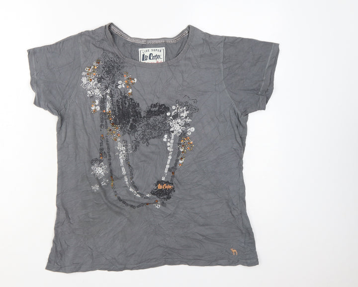 Lee Cooper Women Grey Beaded Cotton T-Shirt Size 16