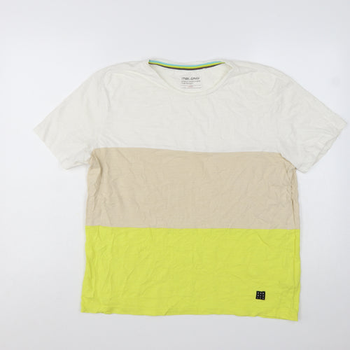 Blend Men's Beige White Yellow Colourblock Cotton T-Shirt L