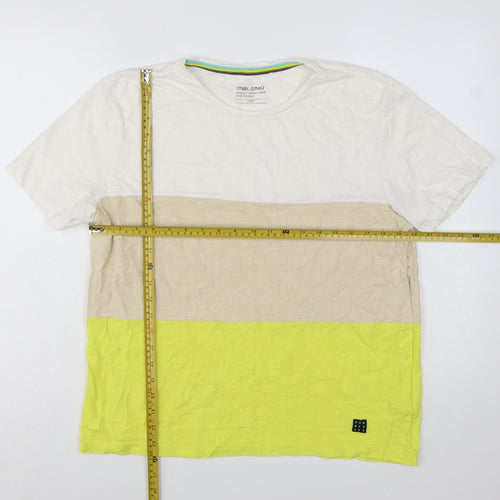 Blend Men's Beige White Yellow Colourblock Cotton T-Shirt L