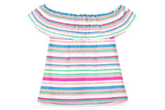 Front view of M&Co Women’s Multicoloured Stripe Off Shoulder Tunic Blouse, size UK 12