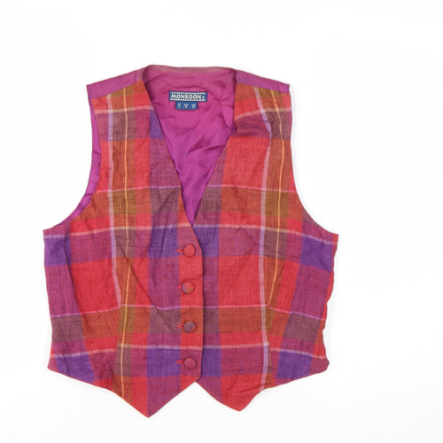 Monsoon Womens Multicoloured Size 12 Checked Linen Blend Waistcoat
