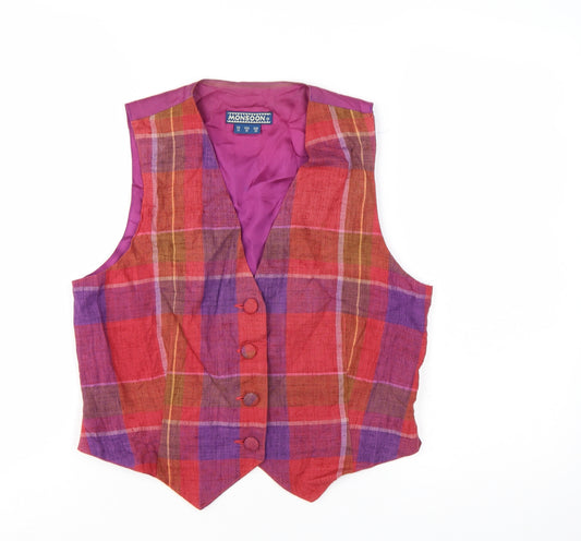 Monsoon Womens Multicoloured Size 12 Checked Linen Blend Waistcoat