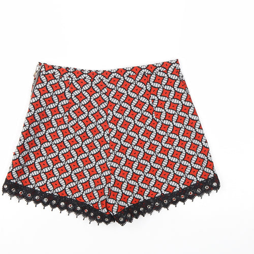 River Island Womens Red Geometric Jacquard Lace High Waist Shorts Size 10