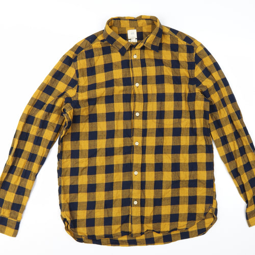 H&M Men's Yellow Check Long Sleeve Cotton Flannel Shirt M Regular Fit