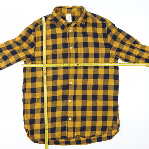H&M Men's Yellow Check Long Sleeve Cotton Flannel Shirt M Regular Fit