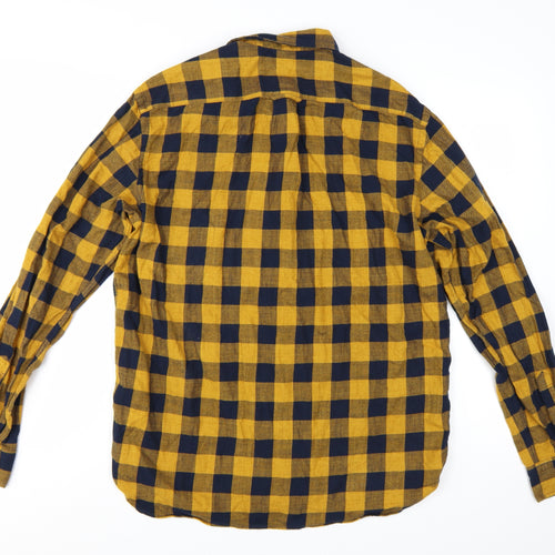 H&M Men's Yellow Check Long Sleeve Cotton Flannel Shirt M Regular Fit