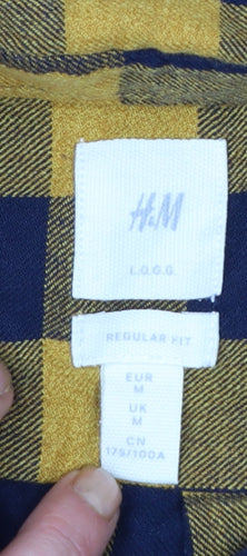 H&M Men's Yellow Check Long Sleeve Cotton Flannel Shirt M Regular Fit