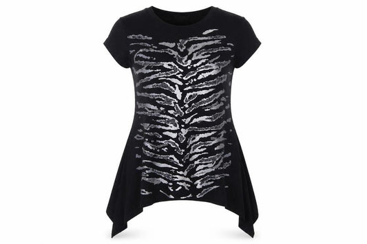 Front view of Roman Originals Women’s Black Animal Print Sequin Tunic Top, size UK 12