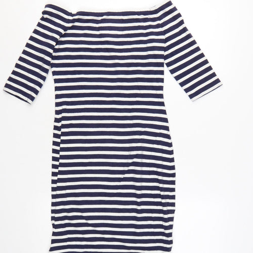 Superdry Womens Blue Striped Off Shoulder Bodycon Dress Size S