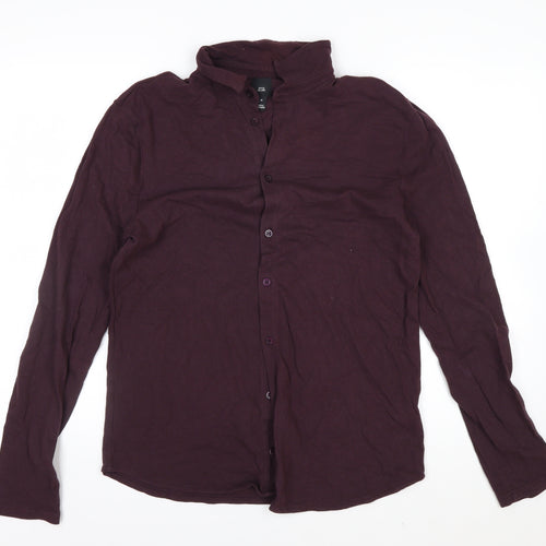 River Island Men's Purple Band Collar Long Sleeve Cotton Shirt M