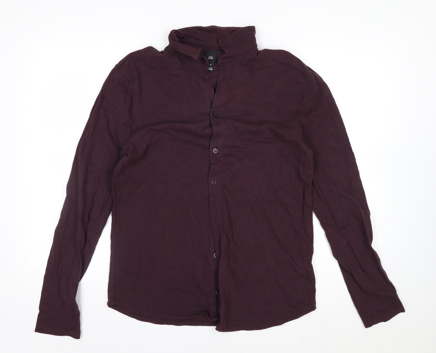 River Island Men's Purple Band Collar Long Sleeve Cotton Shirt M