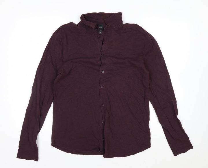 River Island Men's Purple Band Collar Long Sleeve Cotton Shirt M