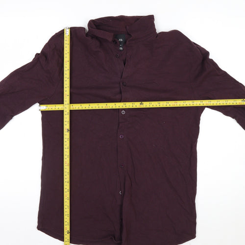 River Island Men's Purple Band Collar Long Sleeve Cotton Shirt M