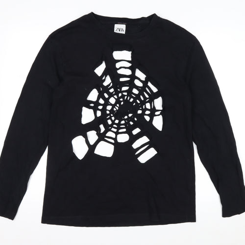 Zara Women Black Long Sleeve Cutout Spider Web Cotton Top Size 12