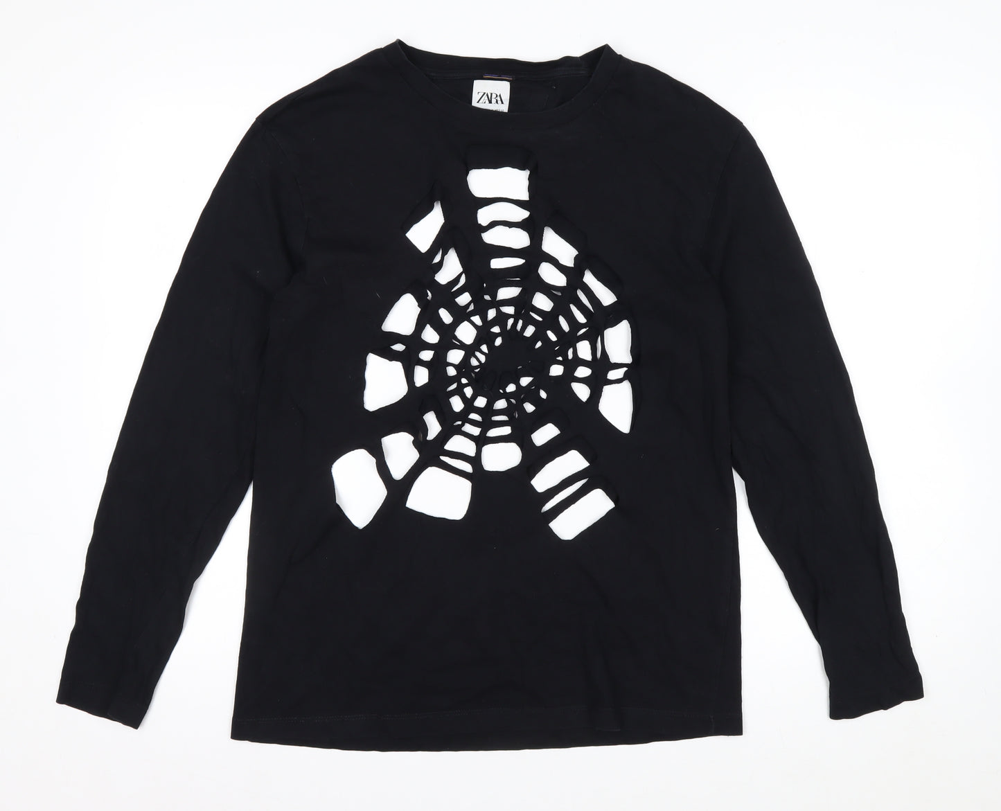 Zara Women Black Long Sleeve Cutout Spider Web Cotton Top Size 12