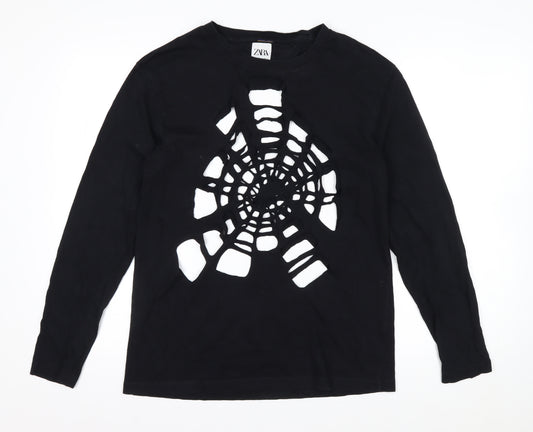 Zara Women Black Long Sleeve Cutout Spider Web Cotton Top Size 12