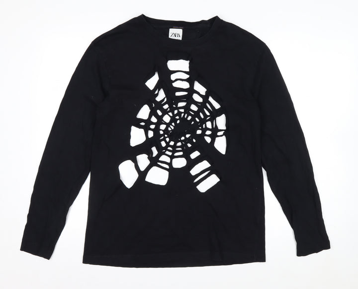 Zara Women Black Long Sleeve Cutout Spider Web Cotton Top Size 12