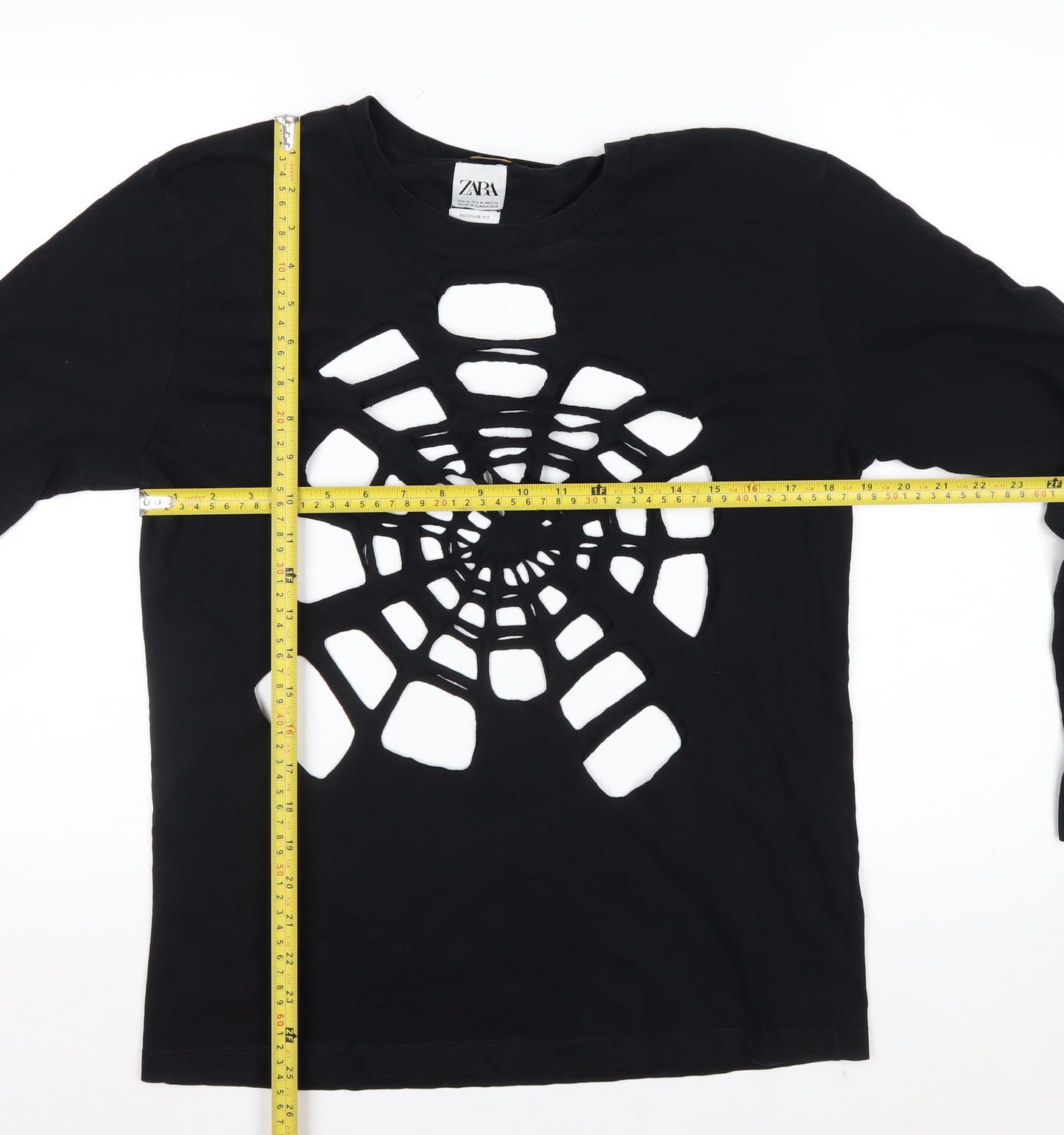 Zara Women Black Long Sleeve Cutout Spider Web Cotton Top Size 12