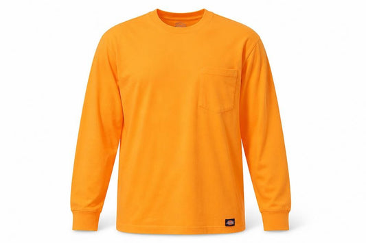 Front view of Dickies Men's Orange Long Sleeve Crew Neck Cotton Blend Top, size L