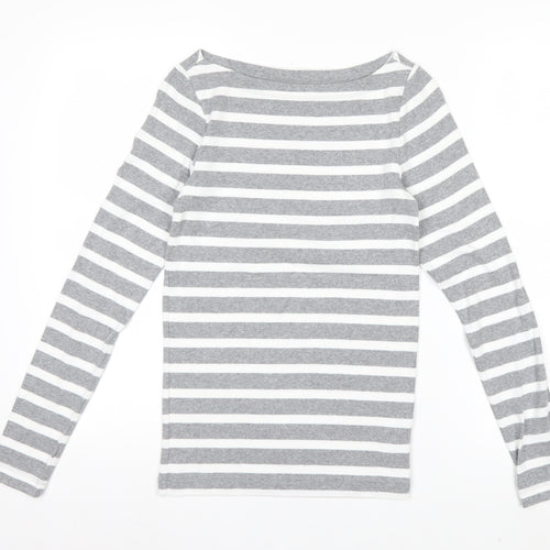 GAP Women Grey White Striped Boat Neck Long Sleeve T-Shirt Size S